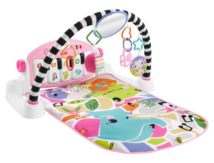 Colorful baby activity play mat with soft fabric and hanging toys, including a mirror and animal figures.