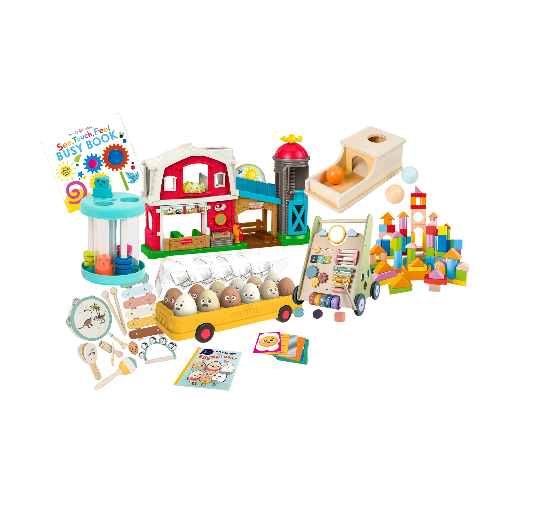 Assorted children's toys and games, including a toy barn, wooden blocks, a toy truck with eggs, a game board, a plastic slide, a chalkboard, and various small figurines and accessories on a black background.