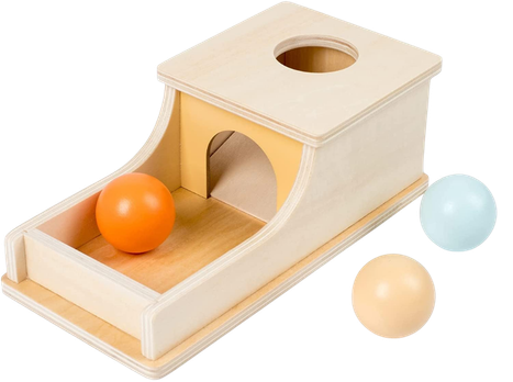 A wooden object permanence box toy.