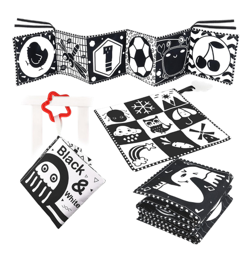 A black and white weekly planner, children’s flashcards with animals and numbers, a set of nested cloths with animal illustrations, and a black and white flashcard with a monster design.
