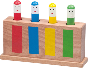 Wooden educational toy with four colored pegs and vertical bars in red, blue, yellow, and green.
