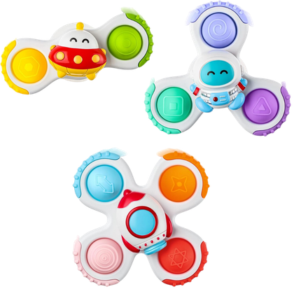 Three colorful spinning fidget toys with various symbols and characters, including a cow and a robot, in yellow, green, blue, purple, orange, and red colors.