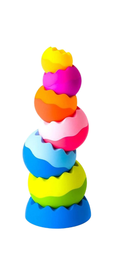 Stacked colorful kids' stacking cups in blue, yellow, green, pink, orange, purple, and yellow with a yellow cup on top.