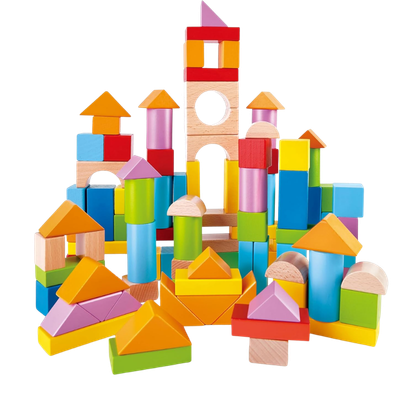 Colorful building blocks arranged to resemble a cityscape or castle.