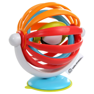 Colorful twisting wire toy with a white base and spherical end, resembling an atom model.