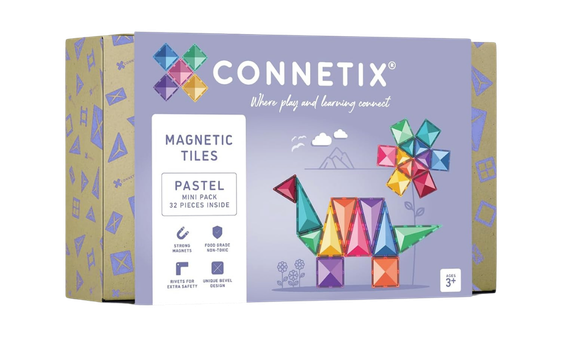 Box of Connextic magnetic pastel tiles mini pack containing 32 pieces, with colorful geometric shapes resembling animals on the packaging.