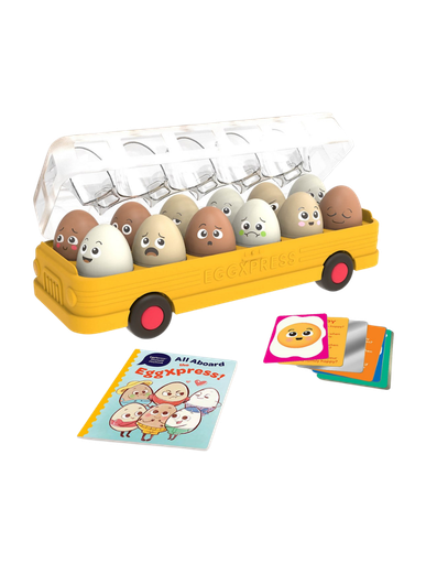 A toy egg-carton containing 12 decorated plush toy eggs with various facial expressions and skin tones, along with a card game called 'Eggspress,' featuring illustrated eggs, and a box of flashcards with cartoon eggs.