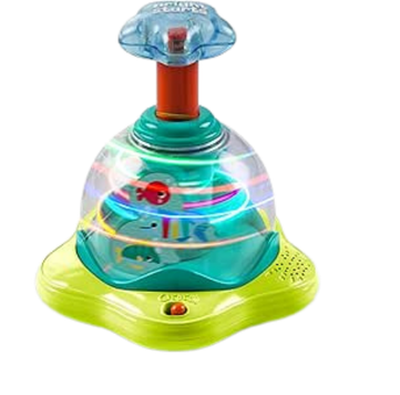 A colorful toy with a spinning umbrella and small toys inside a clear plastic dome