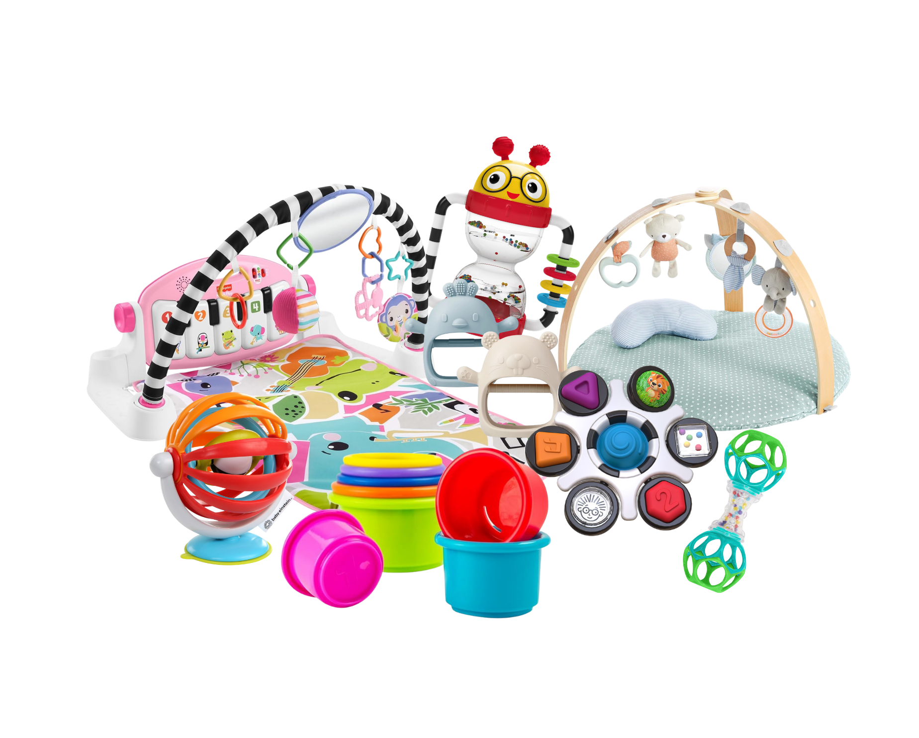 Colorful collection of baby toys including activity gyms, plush toys, stacking rings, and soft plush animals