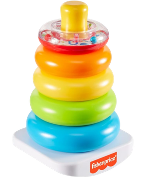 Colorful stacking ring toy with a yellow center, on a white base with the Fisher-Price logo.