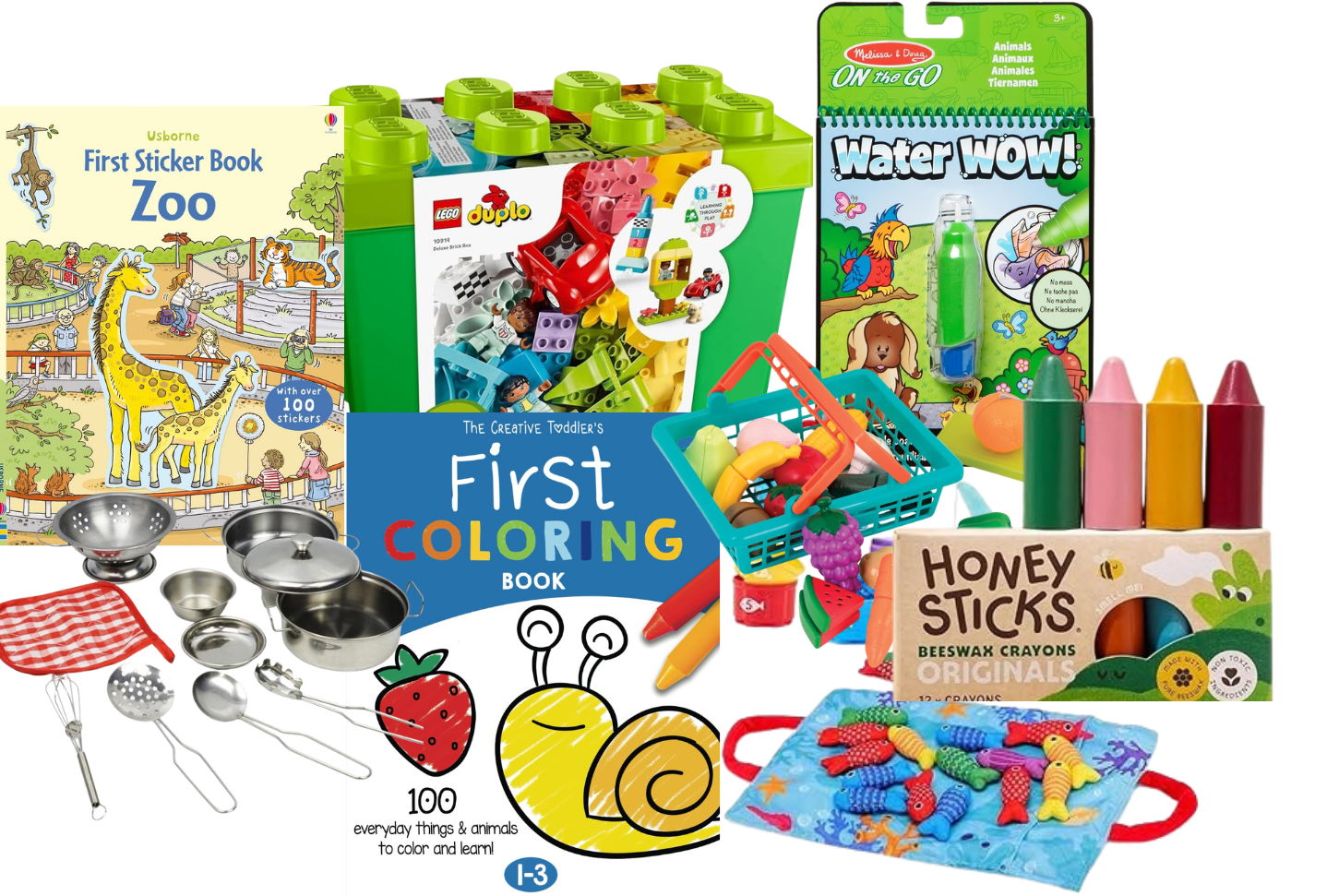 A collection of children's toys and books including a zoo sticker book, LEGO DUPLO blocks, a Water WOW water painting kit, a set of four colorful markers, a box of honey sticks, a play kitchen with pots and utensils, a first coloring book, and small plush fish on a blue cloth.