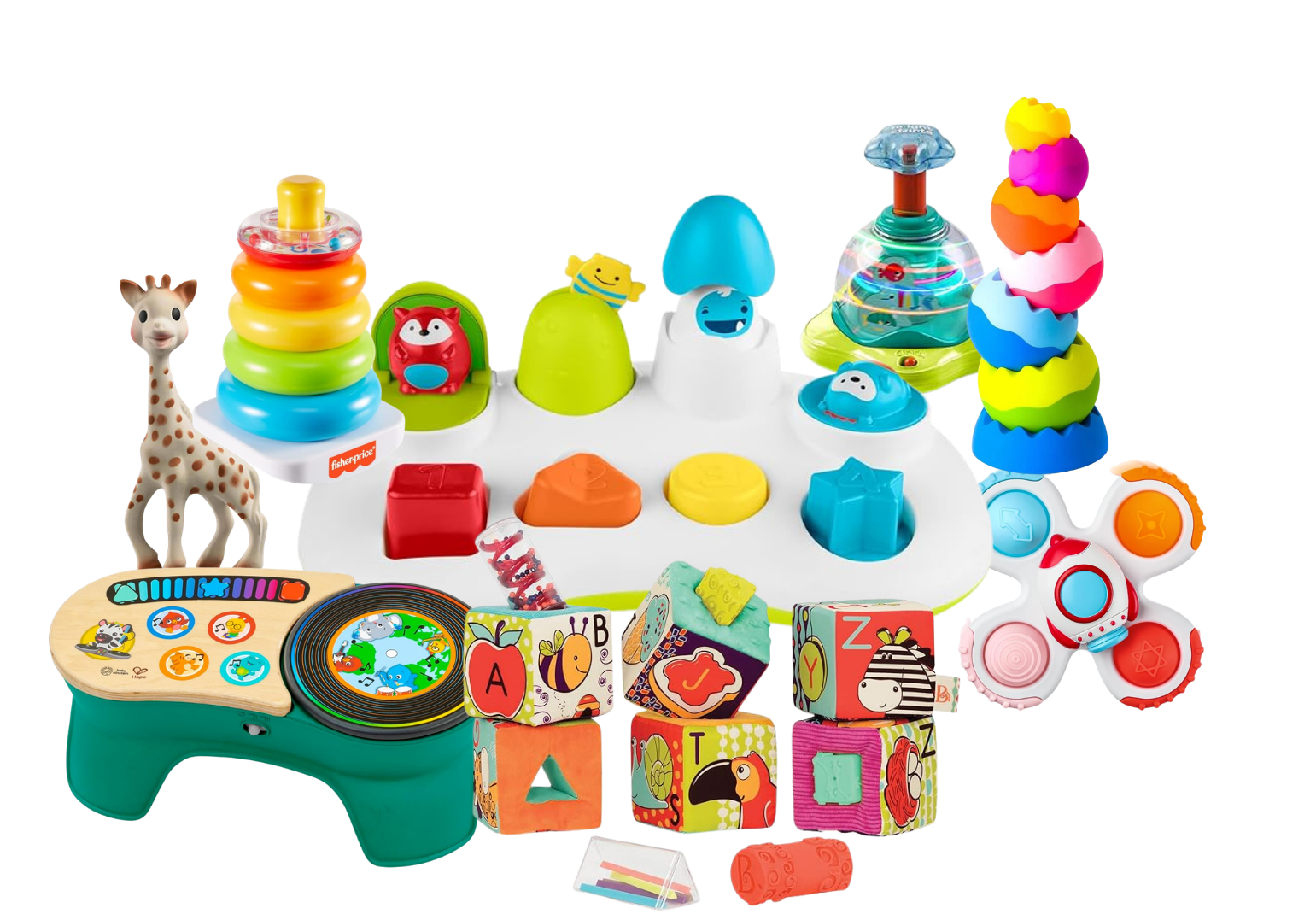 Colorful children's toy activity center with various blocks, figurines, musical elements, and spinning parts.
