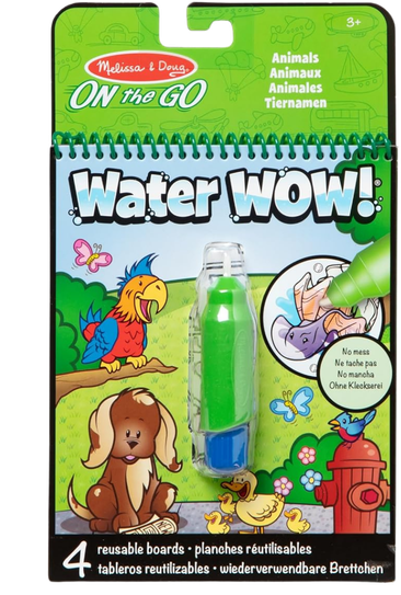 A Melissa & Doug On the Go Water WOW! activity book featuring a green cover with illustrations of a parrot, a dog, a duck, a pink butterfly, a red fire hydrant, and a water sprayer. The cover highlights that it is for ages 3+ and includes 4 reusable boards.