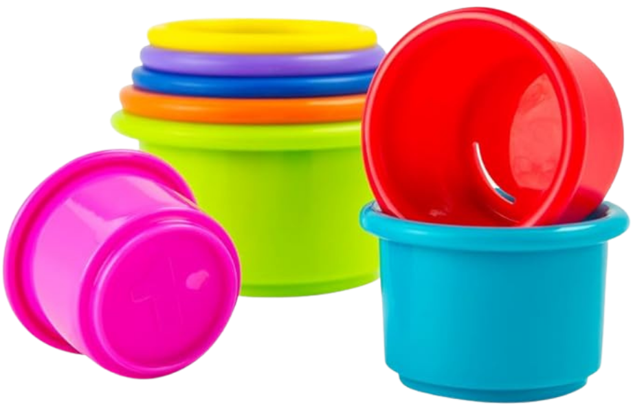 Colorful stacking cups and bowls, including pink, red, blue, green, yellow, purple, and orange.
