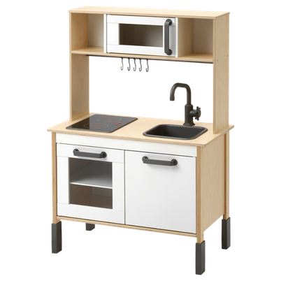 Children's ikea toy kitchen with oven, microwave, sink, and storage cabinet