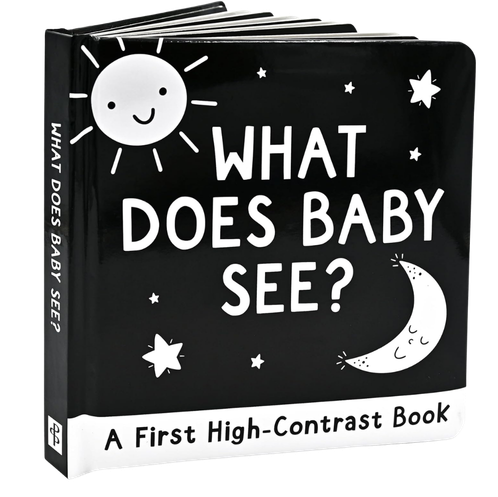 A black children's board book titled 'What Does Baby See? A First High-Contrast Book' with white illustrations of a smiling sun, stars, and a crescent moon on the cover.