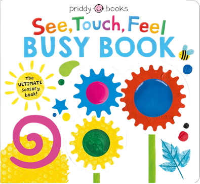 Colorful children's sensory book cover with gears, a butterfly, a spiral, and the title "See Touch Feel Busy Book" in bright letters.