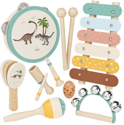 Children's musical toy set with a drum featuring dinosaurs, xylophone with colorful bars, wooden drumsticks, a maraca, a rattle with a dinosaur design, a jingle bell rattle, silver balls, and a wooden tambourine.