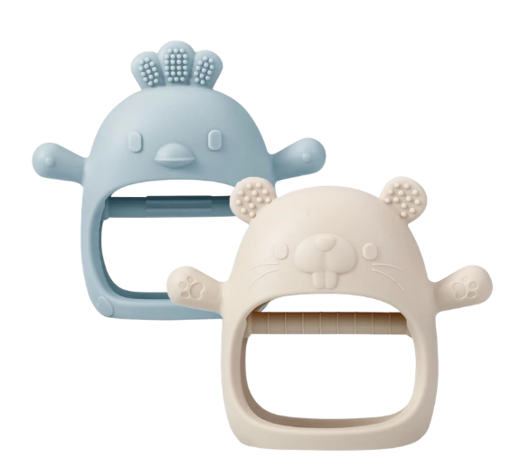Two baby teething toys shaped like animals, a whale and a bear, with soft textures and small raised bumps on their heads.