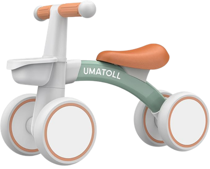 A small white and green children's tricycle with a brown seat and white wheels with brown accents.