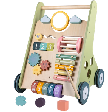 Colorful wooden educational toy with gears, blocks, and a mallet on a stand with wheels.