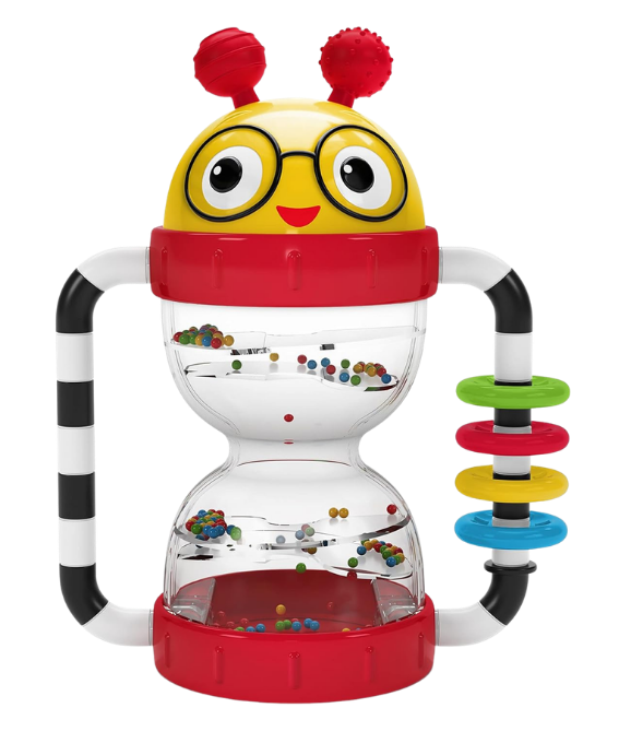 Colorful hourglass toy with a smiling face, glasses, antennae, and striped arms holding colorful rings.