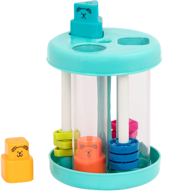 Colorful stacking toy with bear faces, comprising a blue bear at the top and various colored rings at the bottom, set on a blue circular base with two empty slots.