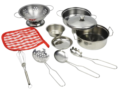 A collection of stainless steel cookware and utensils, including pots with lids, a colander, small bowls, a serving spoon, tongs, and a red and white checkered cloth.