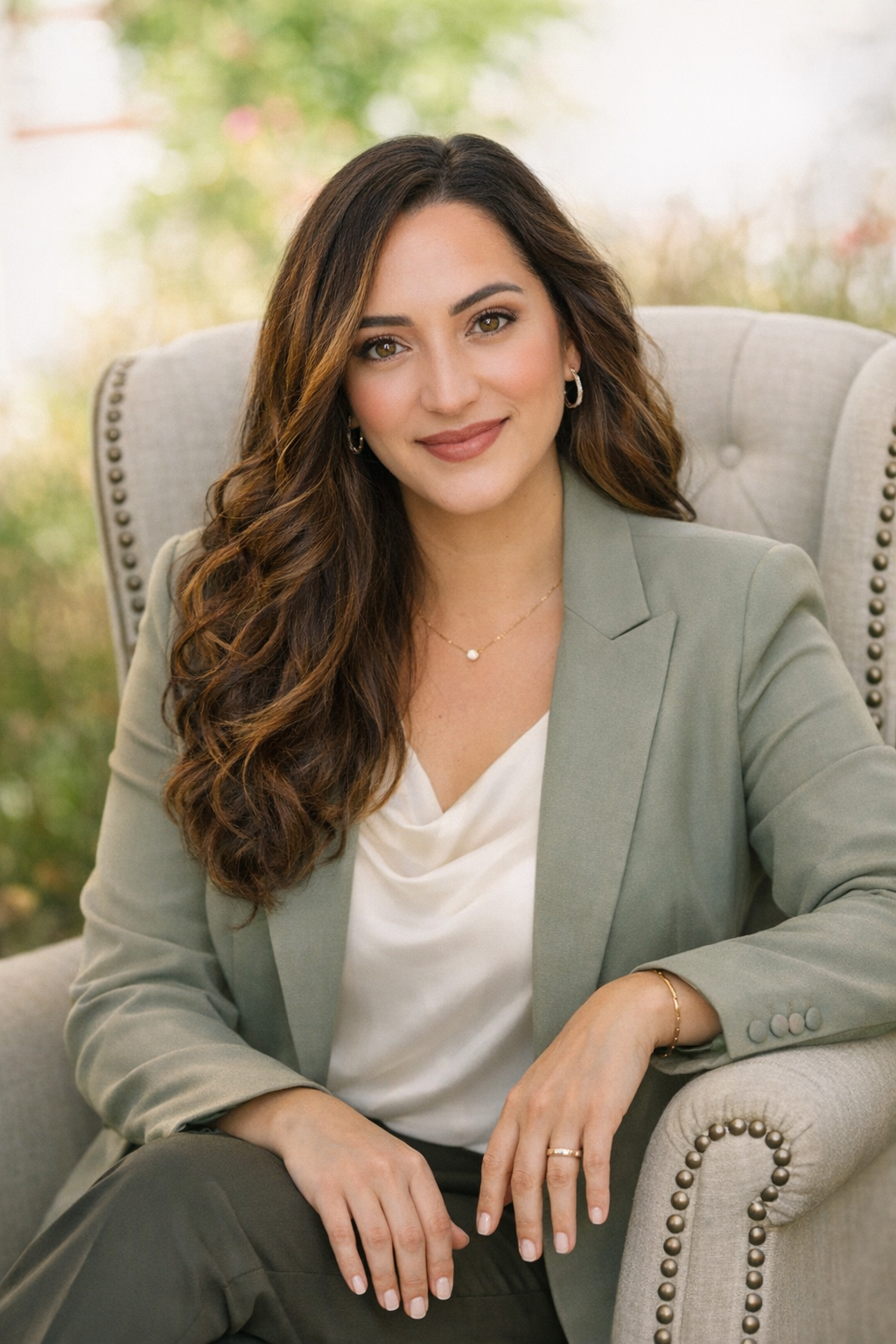 A woman with long, wavy brown hair, wearing makeup, a gold necklace, earrings, and bracelet, sitting in a beige armchair outdoors with a blurred background of greenery. She is dressed in a light green blazer and a white silk blouse.