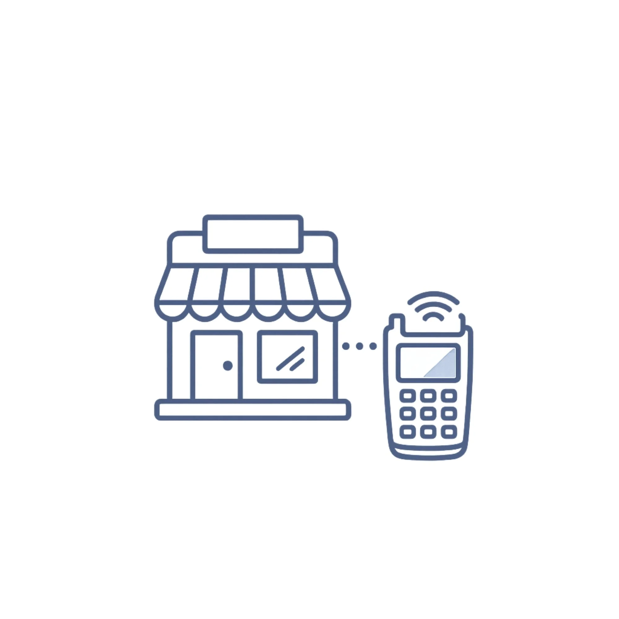 Line drawing of a small storefront with a striped awning, next to a card payment terminal with wireless signal icon.