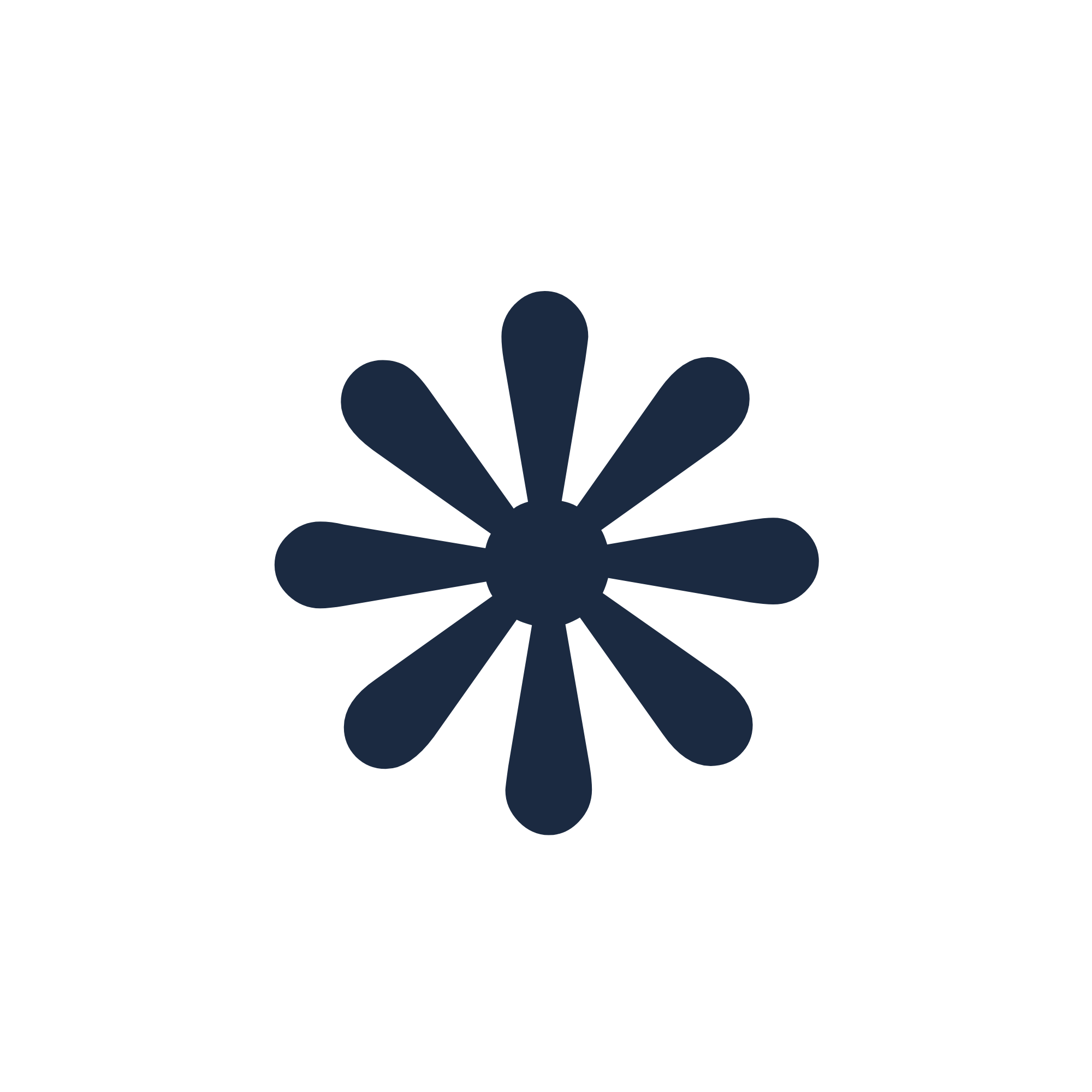 Dark blue medical cross symbol with eight rounded petal-like extensions surrounding a small central circle, set against a black background.