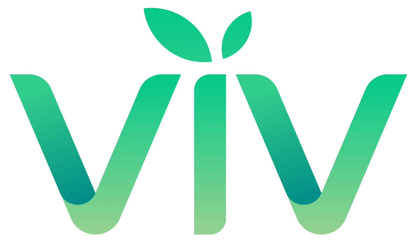 Green and blue gradient logo with the letters V and V, one above the other, with two leaves above the upper letter.