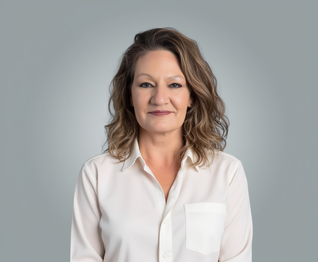 A professional woman with shoulder-length wavy hair, wearing a white button-up shirt, looking at the camera with a slight smile, against a gray background.