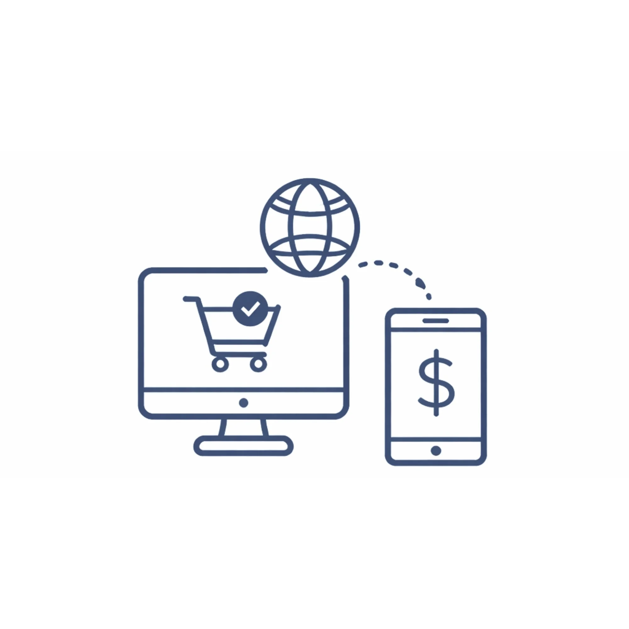 Line drawing of e-commerce concepts including a computer monitor with a shopping cart icon, a globe representing the internet, a smartphone with a dollar sign, all connected indicating online shopping and digital payments.