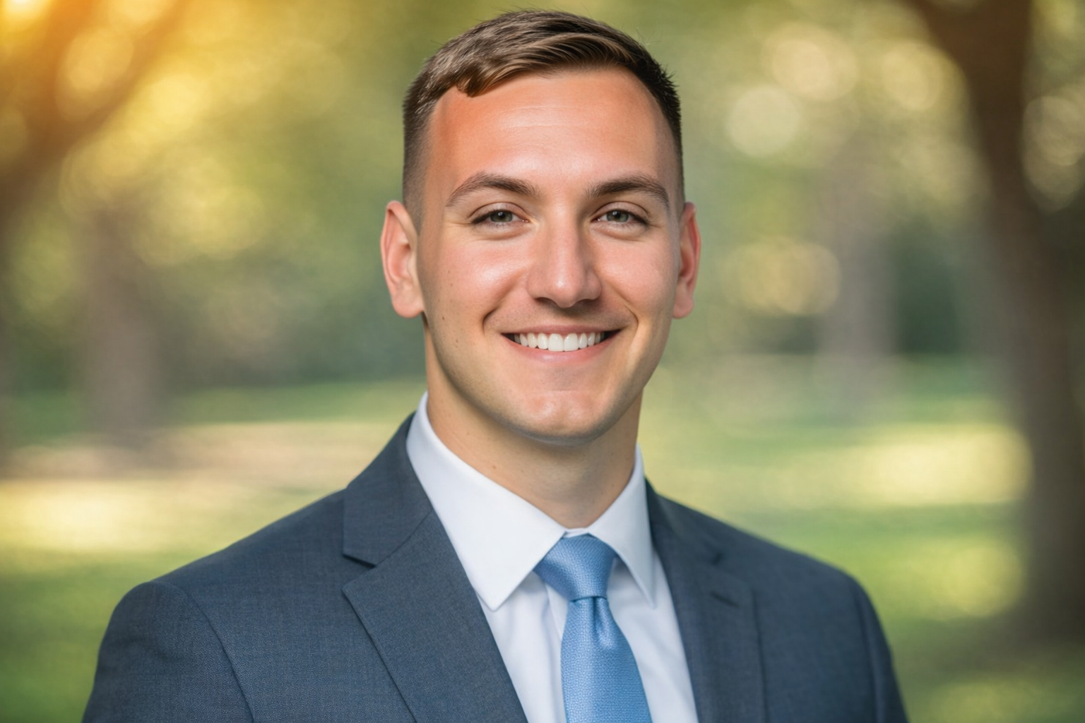 A young man in a dark suit, white shirt, and blue tie, smiling outdoors with blurred trees and sunlight in the background.
