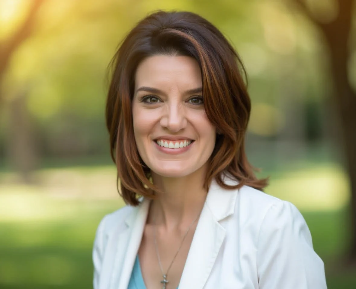 A woman with shoulder-length auburn hair smiling outdoors with a blurred background of trees and greenery.