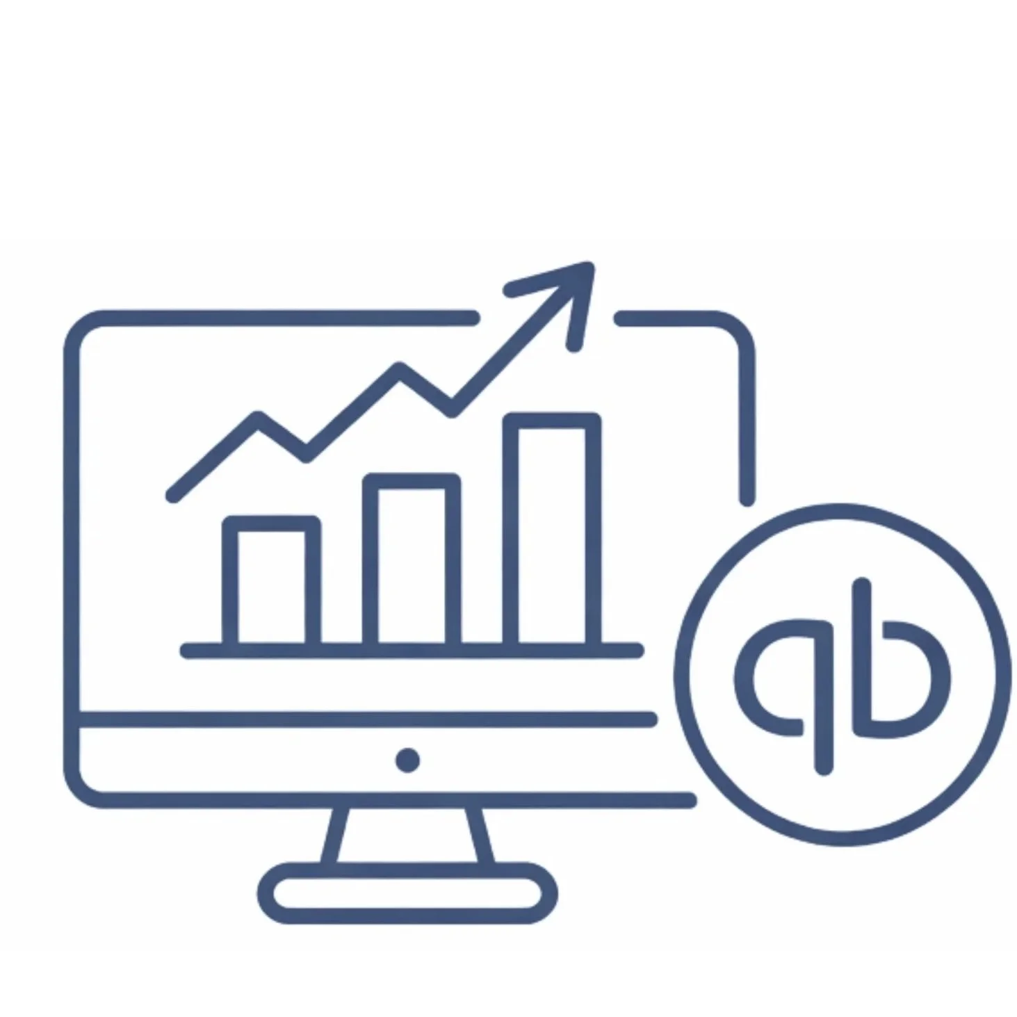 Computer monitor displaying a rising bar graph and line chart with an upward arrow, alongside a circle with a percent symbol.