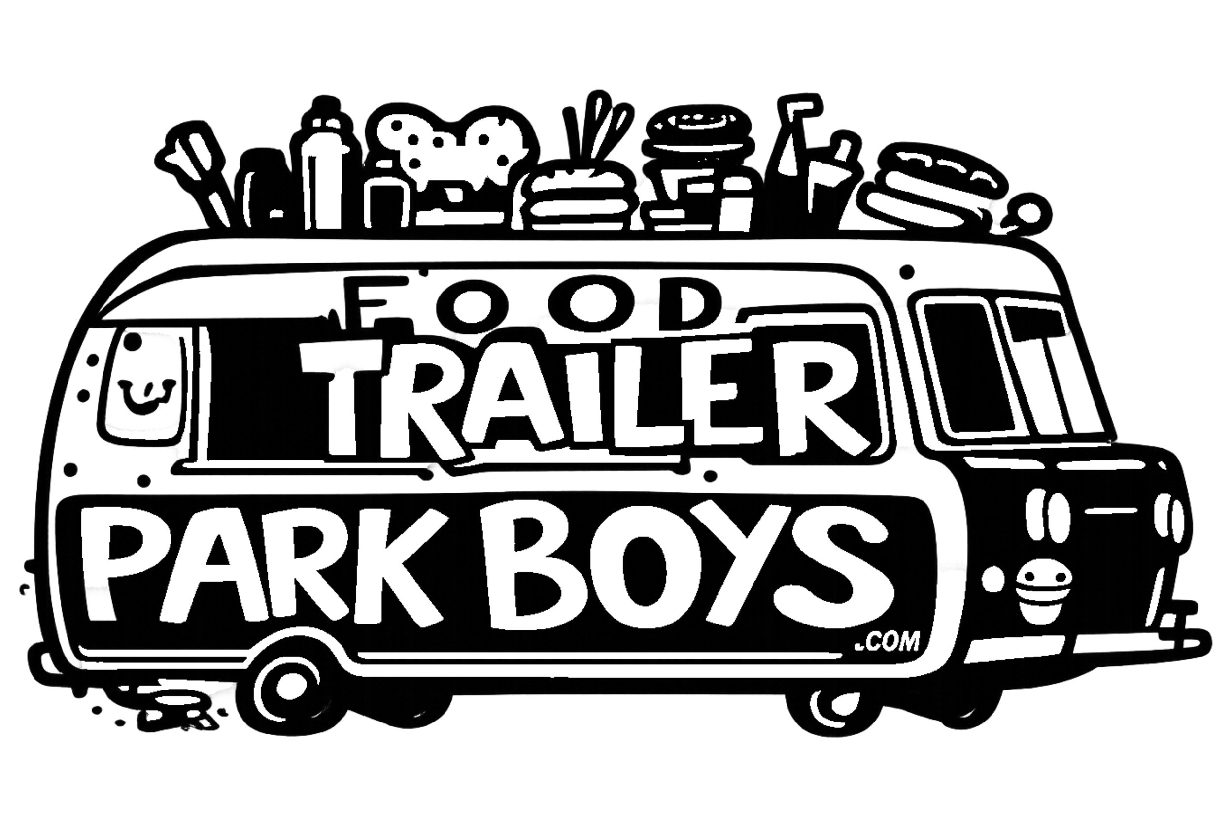 Black and white illustration of a food truck with the words "Food Trailer" and "Park Boys" on it, topped with various food items on the roof like burgers, fries, and drinks.