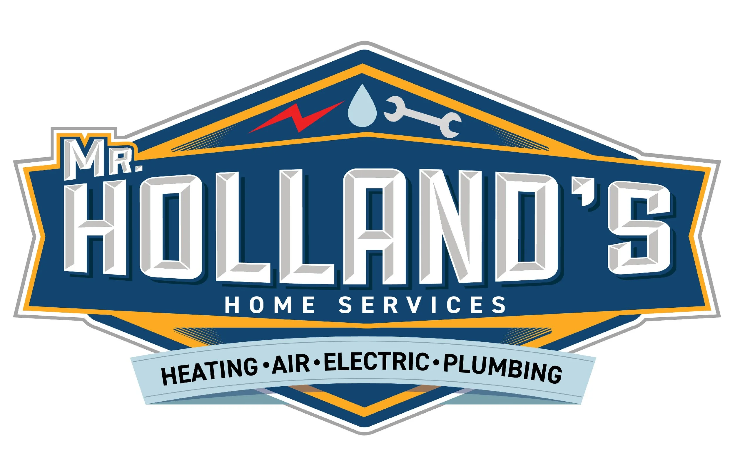 Logo for Mr. Hollands Home Services, featuring symbols like a water drop, wrench, and lightning bolt, with text indicating services such as heating, air, electric, and plumbing.