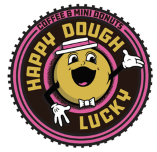 A cheerful cartoon doughnut character wearing a pink hat, white gloves, and a bow tie, with a smile and an arm raised. The image is a logo with text: 'Happy Dough Lucky' and 'Coffee & Mini Donuts' in a circular design with pink and black borders.