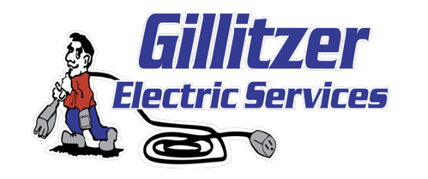 Logo of Gillitzer Electric Services featuring a cartoon electrician with a power cord and plug