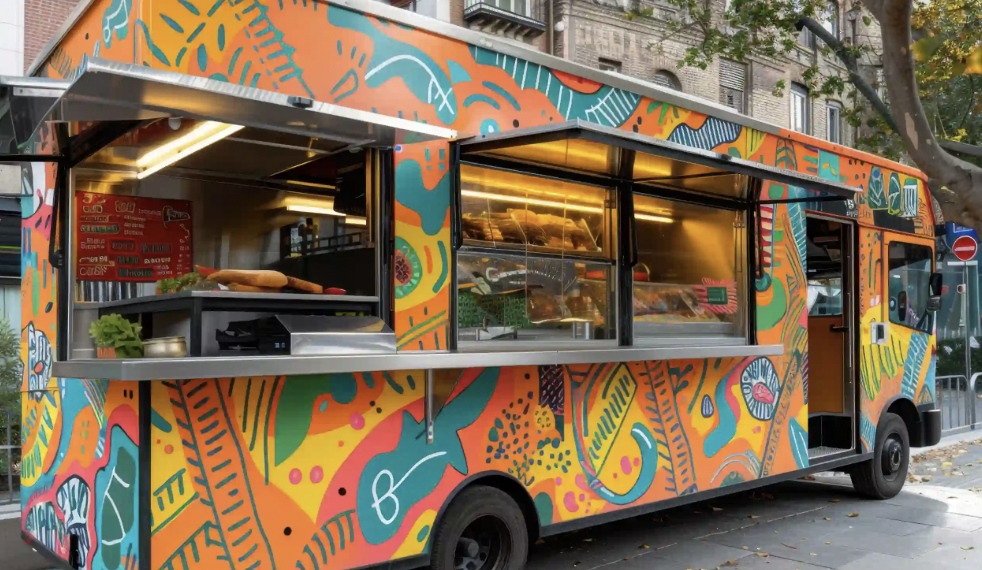 Colorful food truck with vibrant abstract decorations, serving food through a large window, parked on a city street during daytime.