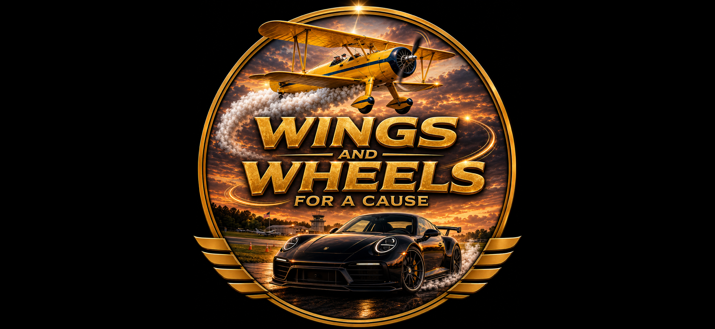 A logo for "Wings and Wheels for a Cause" featuring a yellow vintage biplane flying in a dramatic, cloud-filled sky and a black sports car below, surrounded by a gold circular frame.