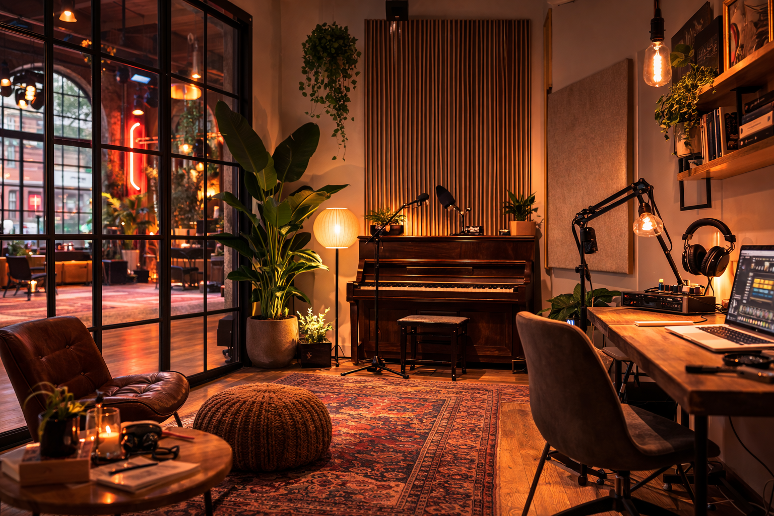 Cozy music studio with a piano, large potted plants, a rug, and warm lighting, including a floor lamp, table lamp, and hanging Edison bulb, with a glass wall overlooking a city street.