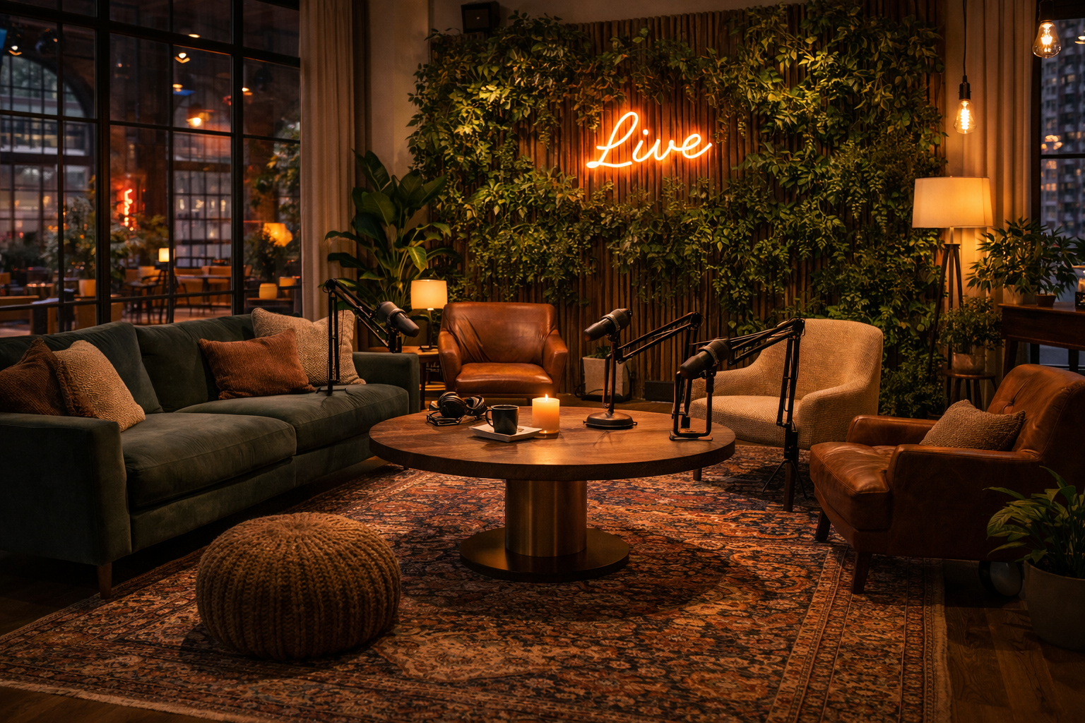 A cozy podcast recording studio featuring a dark green sofa with pillows, a round wooden table with a lit candle and microphones, armchairs, a knitted pouf, vintage patterned rug, lush greenery, warm lighting, and a neon sign that says 'Live' on a wooden-paneled wall.