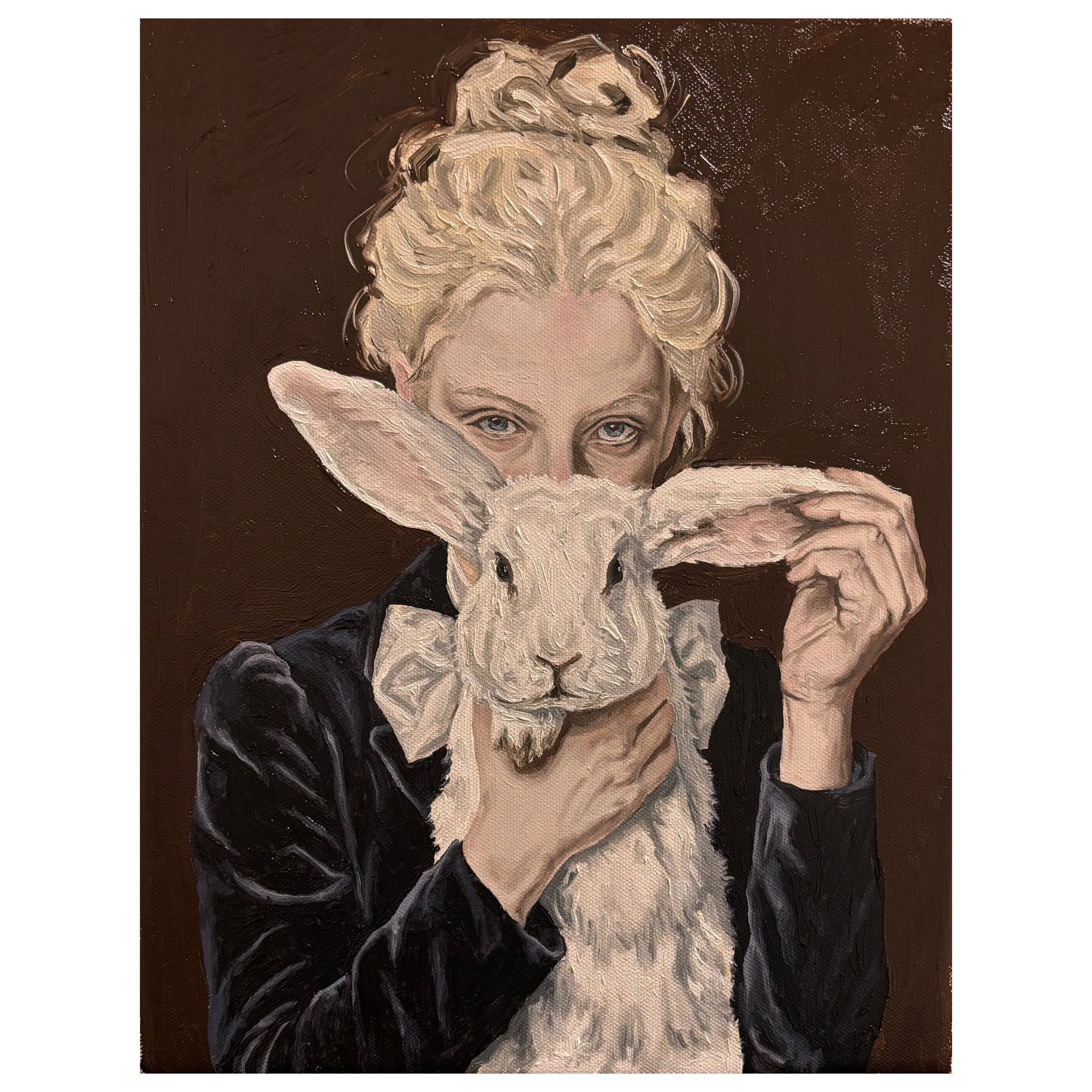 Painting of a woman with blonde hair holding a white rabbit in front of her face, partially covering it, against a dark background.