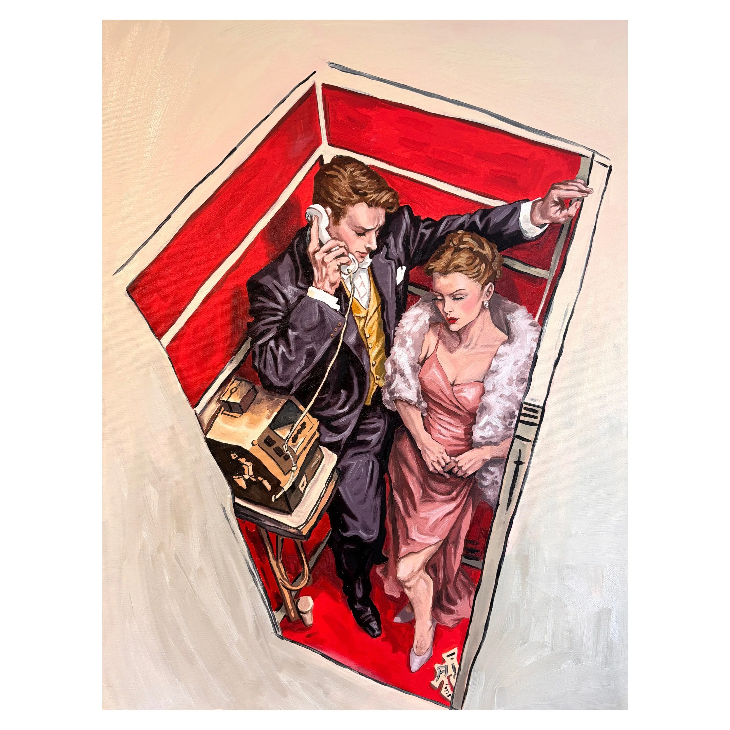 A painting of a man and woman in a small elevator with red interior walls. The man, wearing a suit, is talking on a vintage phone, and the woman, dressed in a pink gown with a white fur mantle, sits with her hands folded in her lap.