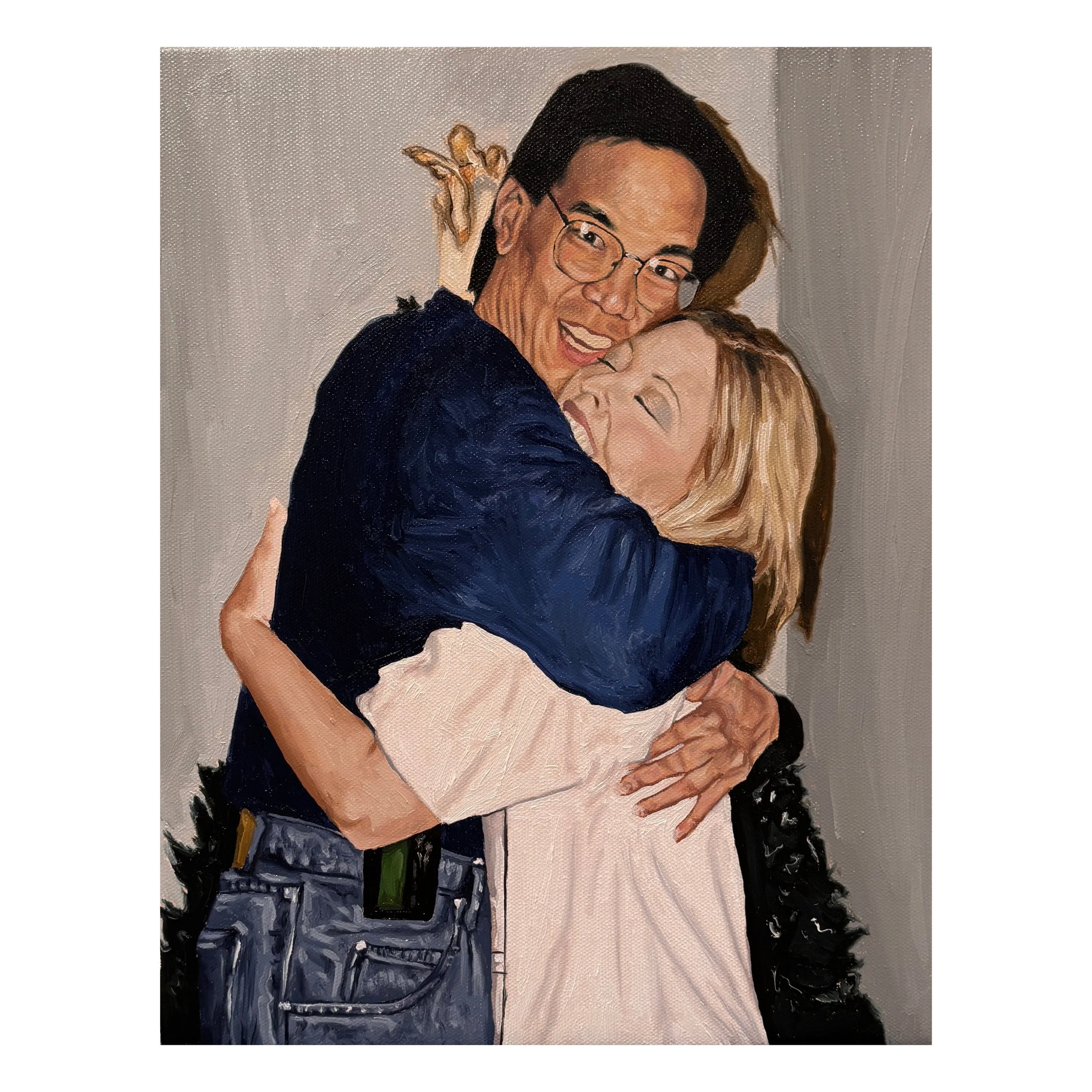 Painting of a man with glasses hugging a woman with blonde hair in an embrace, both smiling.
