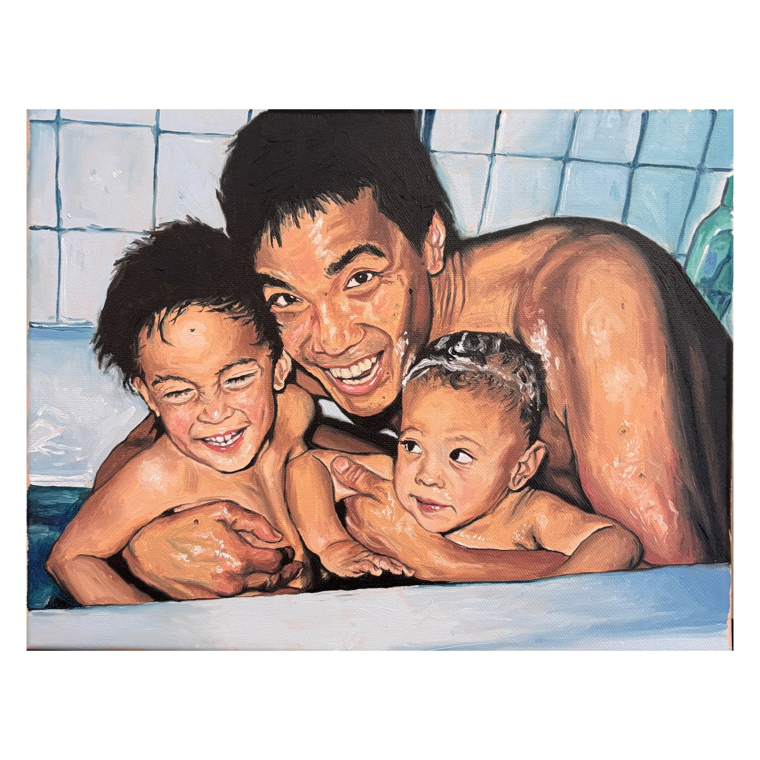 Painting of a joyful Asian father and his two children, a boy and a girl, enjoying bath time together in a bathtub with white tile walls in the background.