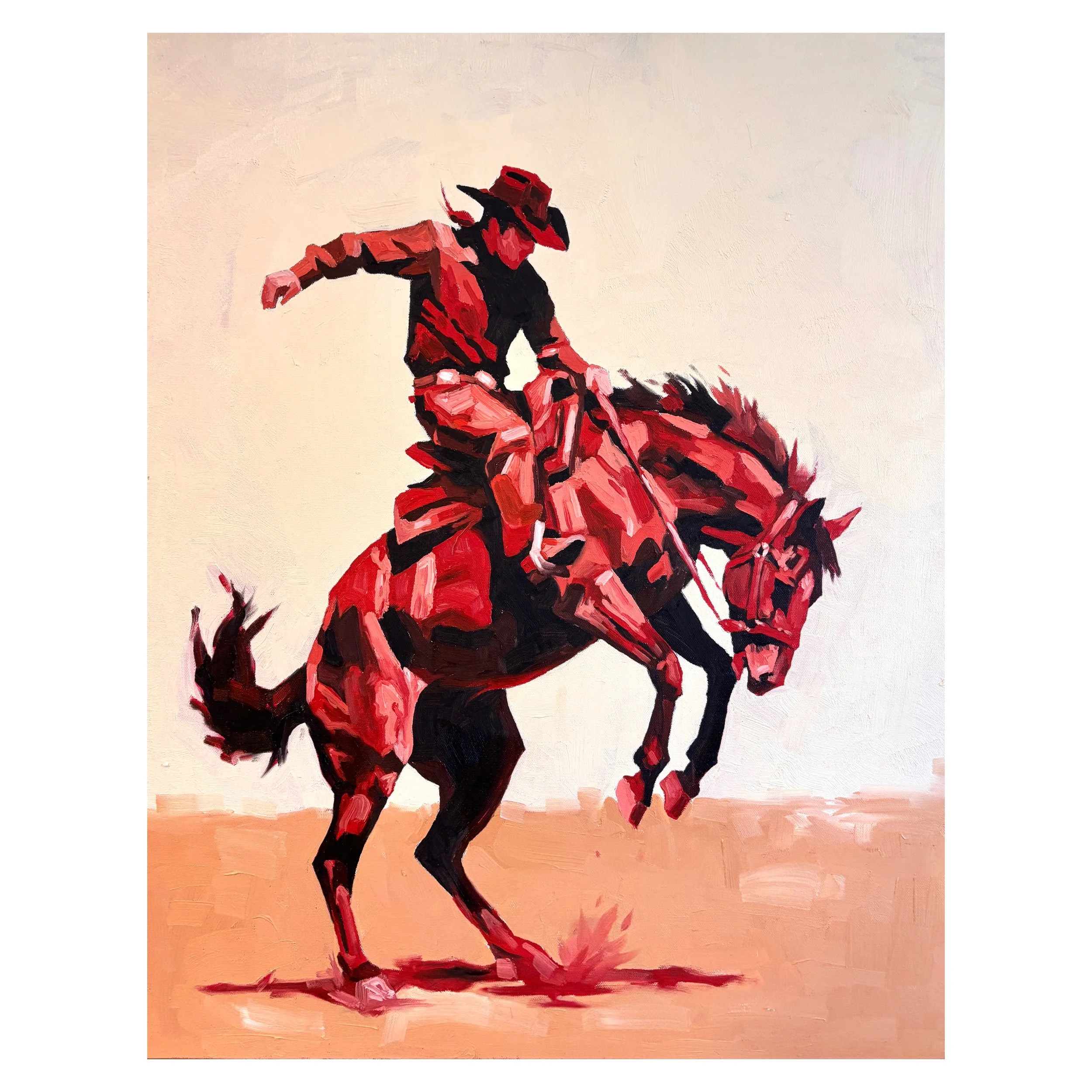 A cowboy riding a rearing horse in a desert landscape, painted in a bold, abstract style with red and black hues.